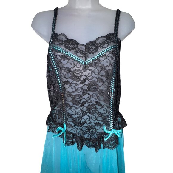 Vintage Jill Andrea Black Lace Blue Sheer Nightgown Medium Goth Vamp Pinup Sexy - Picture 3 of 7